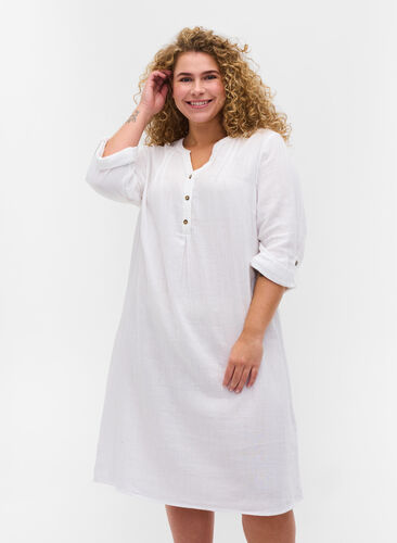 Robe en coton à manches 3/4, Bright White, Model image number 0