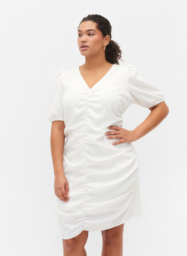 Robe à manches courtes, drapée et structurée, Bright White, Model image number 0