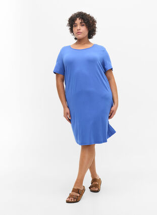 Viscose jurk met rugdetail en korte mouwen, Dazzling Blue, Model image number 3