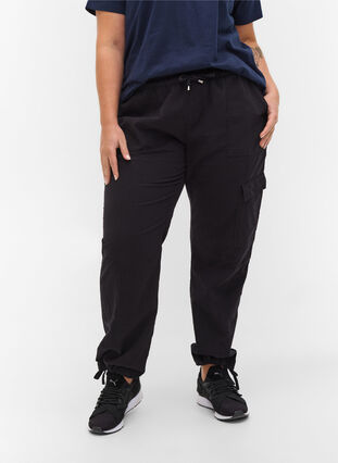 Pantalon ample en coton, Black, Model image number 2