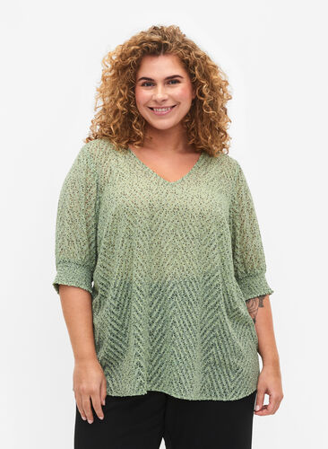 Gestippelde blouse met 1/2 mouwen, Seagrass Dot, Model image number 0