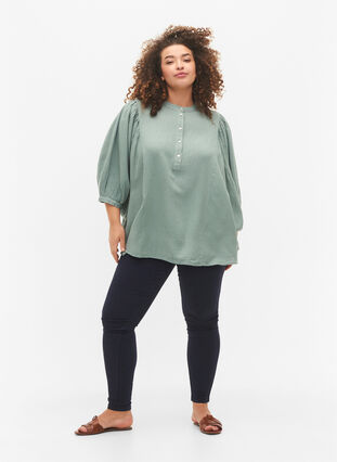 Viscose-Linen Mix Shirt Blouse met 3/4 Mouwen, Chinois Green, Model image number 2