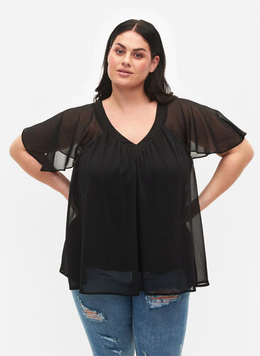 Effen blouse met vleermuismouwen en v-hals, Black, Model image number 0