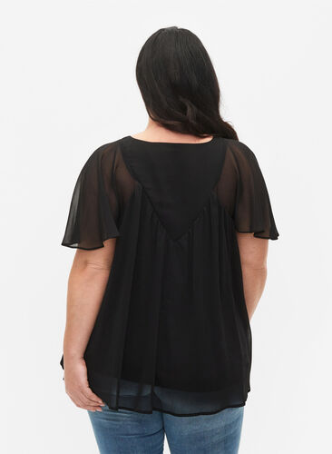 Effen blouse met vleermuismouwen en v-hals, Black, Model image number 1
