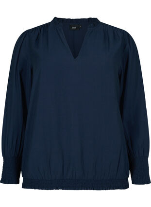 Viscose blouse met lange mouwen en smok, Navy Blazer, Packshot image number 0