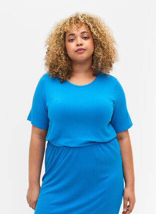 T-shirt en viscose avec structure côtelée, Ibiza Blue, Model image number 0